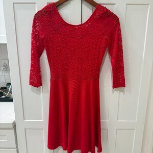 Red Lace Fit & Flare Dress | 3/4 Sleeve | Elegant | Size Small (Approx.)